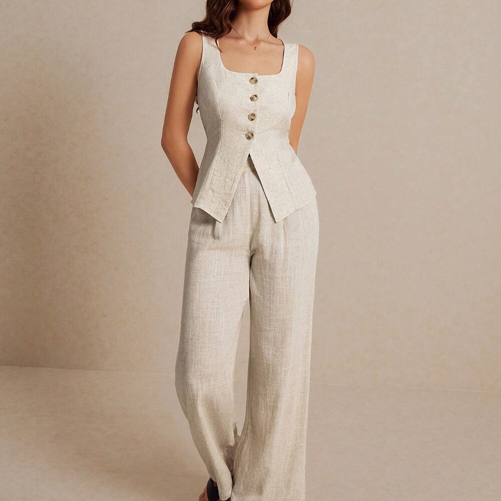 Khaki Casual Women's Summer Linen Color Linen Suit Vest Two-Piece Set - Picture 4 of 7